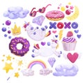Watercolor cute set with unicorns, rainbow and sweets.
