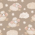 Watercolor cute beige kids seamless pattern with clouds and stars Royalty Free Stock Photo