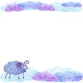 Watercolor cute sheep and clouds frame card invitation