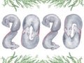Watercolor cute sleeping gray mouse rat as number 2020