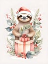 Watercolor cute sloth in red Santa Claus hat with gift box