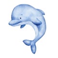 Watercolor cute smiling dolphin isolated on white. Baby character illustration Royalty Free Stock Photo