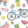 Watercolor cute summer seamless pattern with tropical fruits, blue bicycle, retro roller skates, sunglasses on white background. Royalty Free Stock Photo