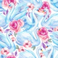 Watercolor cute swan lake, rose flowers seamless pattern