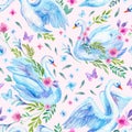 Watercolor cute swan lake seamless pattern Royalty Free Stock Photo