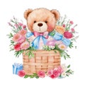 Watercolor cute sweet teddy bear in basket , beautiful flower, gift box Royalty Free Stock Photo