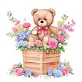 Watercolor cute sweet teddy bear in basket, decorated beautiful flower , roses, with bow tie Royalty Free Stock Photo