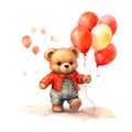 Watercolor of a cute teddy bear walking and holding a group of balloons. AI generative illustration