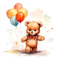 Watercolor of a cute teddy bear walking and holding a group of balloons