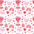 Watercolor cute Valentines themed pattern with pink elements. Red hearts, lips, cupid arrows on white background. Holiday print.