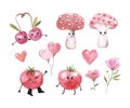 Watercolor cute kawaii tomatoes, cherry, mushroom illustration. Valentines day veggies and fruits. Graphics for kids