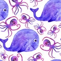 Watercolor cute whale and octopus seamless pattern. fun pattern for kids. underwater world