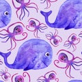 Watercolor cute whale and octopus seamless pattern. fun pattern for kids. underwater world