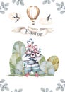 Watercolor cute white Goose cartoon wearing a hat with basket flowers. Happy Easter greeting, invite, design card. Kid