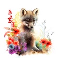 Watercolor cute wolf sitting in a meadow with flowers, isolated on white background, ai generation