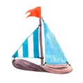 Watercolor cute wooden sailboat with red flag Royalty Free Stock Photo