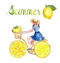 Watercolor cute yellow bicycle with lemon wheels. Summer bike ride illustration with young girl and lemons on white background. Royalty Free Stock Photo