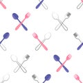 Watercolor cutlery seamless pattern in pink and purple colors.