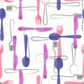 Watercolor cutlery seamless pattern in pink and purple