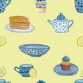 Watercolor cutlery seamless pattern on yellow