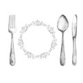 Watercolor cutlery, silver, spoon, fork and knife, with a curly frame