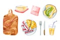 Watercolor cutting board, bacon, cheese, toast, butter, napkin, juice, cutlery. Isolated on white hand drawn illustration