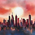 Watercolor of Cyberpunk city skyline at twilight