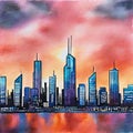 Watercolor of Cyberpunk city skyline at twilight