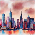 Watercolor of Cyberpunk city skyline at twilight