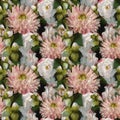 Watercolor 3D realistic romantic flowers bouquet composition peony dahlia rose seamless pattern texture background vector