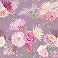 Watercolor dahlia, rose flower, palm leaves, pampas grass vector seamless background. Rustic dried flowers