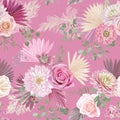 Watercolor dahlia, rose flower, palm leaves, pampas grass vector seamless background. Rustic dried flowers