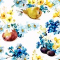 Watercolor daisies, buttercups, forget-me-nots, apple, pears, plums on a white background