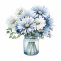 Watercolor Daisy Arrangement Clipart In Denim Blue Hues On Isolated White Background - 8k