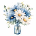 Watercolor Daisy Arrangement Clipart In Denim Blue Hues On Isolated White Background - 8k Resolution