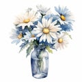 Watercolor Daisy Arrangement In Denim Blue Hues - Uhd Image
