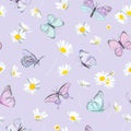 Watercolor daisy flowers and butterfly vector background. Seamless spring floral pattern Royalty Free Stock Photo