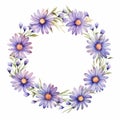 Watercolor Daisy Wreath With Pressed Lavender Flowers On White Background