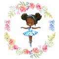 Watercolor Dancing African American Ballerina. Ballet Girl Surrounded by floral Frame and Ballet Shoes. Ballerina
