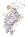 Watercolor dancing ballerina with butterfly. Lilac dresss ballerina. Picture for poster, invitation, postcard, background and