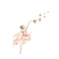 Watercolor dancing ballerina composition with flowers.Pink pretty ballerina. Watercolor hand draw illustration. Royalty Free Stock Photo