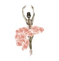 Watercolor dancing ballerina composition with flowers.Pink pretty ballerina. Royalty Free Stock Photo