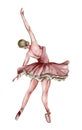 Watercolor dancing ballerina in pink dress. Isolated dancing ballerina. Hand drawn classic ballet performance, pose. Royalty Free Stock Photo