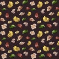 Watercolor dark brown gemstones seamless pattern. Hand drawn abstract background in yellow, red, green colors
