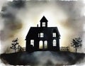 Watercolor of A dark eerie silhouette of a haunted house against a misty night sky background with empty space for text
