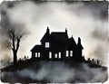 Watercolor of A dark eerie silhouette of a haunted house against a misty night sky background with empty space for text