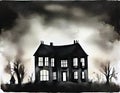 Watercolor of A dark eerie silhouette of a haunted house against a misty night sky background with empty space for text