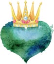 Watercolor dark green heart with golden crown