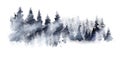 Watercolor Dark grey landscape of foggy forest hill. Wild nature, frozen, misty, taiga. Horizontal watercolor background Royalty Free Stock Photo