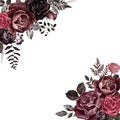 Watercolor dark red, burgundy, marsala and black roses floral border, vintage Victorian gothic style. Floral frame